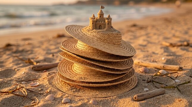 Stacked straw hats with sandcastle on beach