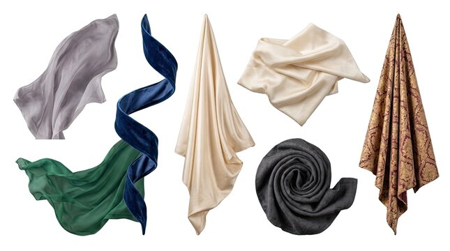 Luxurious silk and satin fabric swatches collection on white background