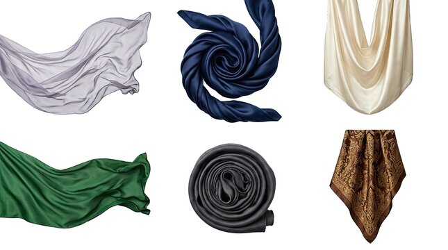 Assortment of luxurious silk scarves in various colors and styles