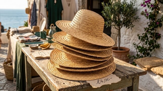 Stack of woven straw hats on a rustic wooden table by the sea