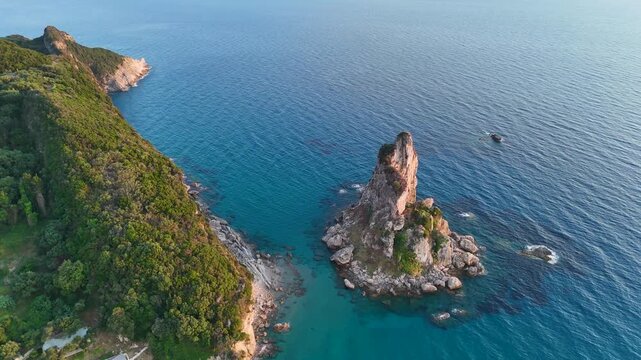 Aerial flight over Paralia Fieroulas beach in Corfu, Greece