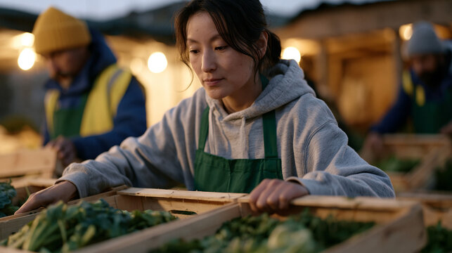 Wide establishing shot of urban gleaning volunteers collecting surplus produce from market stalls at dusk, Inuit and Roma food rescue team filling crates with unsold vegetables,