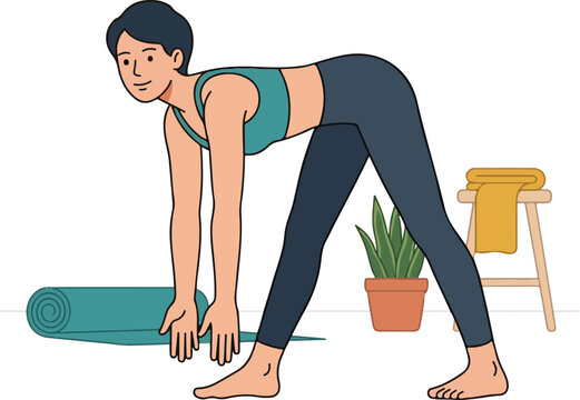 young woman doing yoga, Yoga practitioner performing ham&hellip;Standing Hamstring Stretch cartoon print illustration vector clipart and line art colouring book for kids drawn hand drawn.