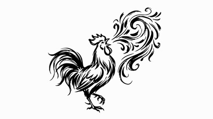 Stylized black ink rooster with ornate swirling tail patterns. © Zapheline