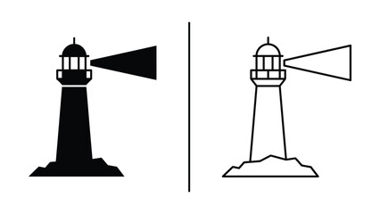 Lighthouse silhouettes and line art illustrations on a white background for nautical themes and coastal designs © Shafia