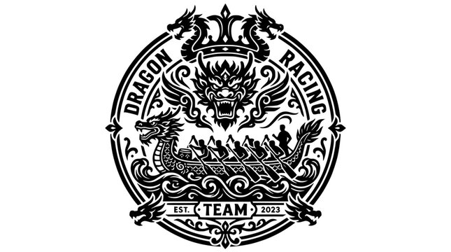 Ornate dragon boat racing team emblem design.