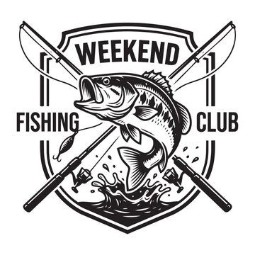 Weekend fishing club emblem with a bass fish and crossed fishing rods illustration