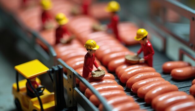 Miniature workers in yellow hard hats sort sausages on an industrial production line. Tiny figures operate a conveyor belt with a forklift nearby, creating a food factory scene.