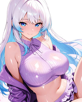 Charming Blue Hair Anime Girl Wearing Soft Sweater Portrait