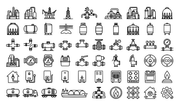 Natural Gas Thin Line Vector Icon Collection for Energy and Utility Systems