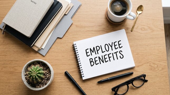 Office desk with employee benefits notebook and supplies
