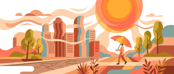 Obraz premium Person with Umbrella Walking Through Cityscape Under Harsh Sun