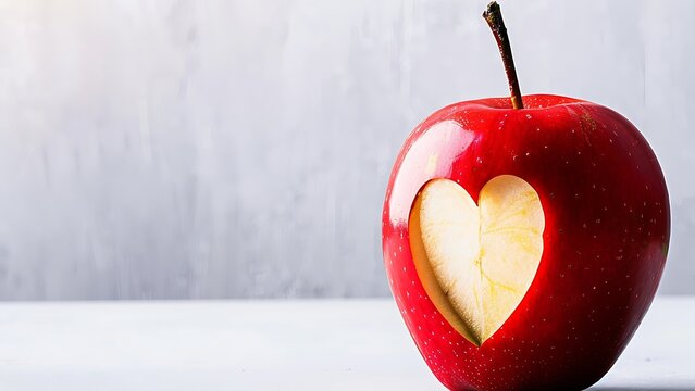 Fresh red apple with a clean heart shape cut out isolated on a light background
