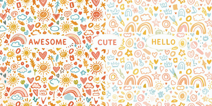 Colorful hand drawn doodle pattern with suns hearts and lettering