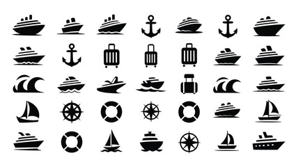 Minimalist travel and maritime icons collection featuring cruise ships sailboats life buoys and navigation symbols for branding © Shovon