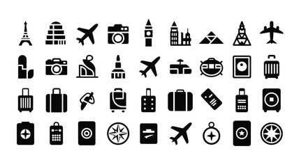 Minimalist travel themed icon set showcasing diverse transportation landmarks © Shovon