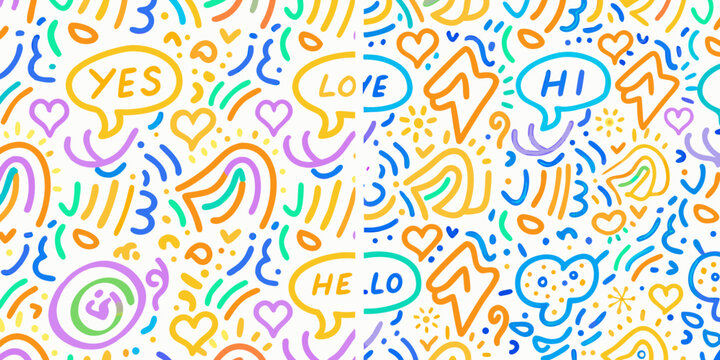 Colorful hand drawn doodle pattern with speech bubbles and hearts