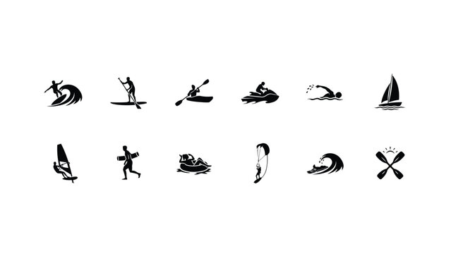 Minimalist black and white icons showcase diverse water sports and outdoor adventure activities for marketing materials