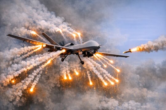 A military plane is seen flying through the air with flames emanating from its back