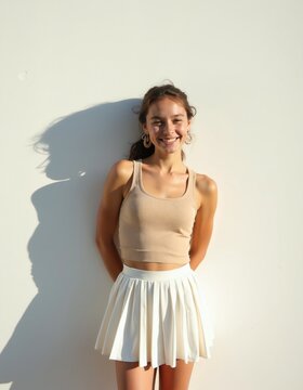 Young woman in beige tank top and white pleated skirt smiles happily. She stands against a white wall with shadows. Brunette lady poses casually outdoors in sunlight. Fashionable summer outfit.