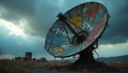 Old satellite dish covered in graffiti sits in abandoned urban area. Rusty metal antenna receives signal. Communication tech falls into disrepair.