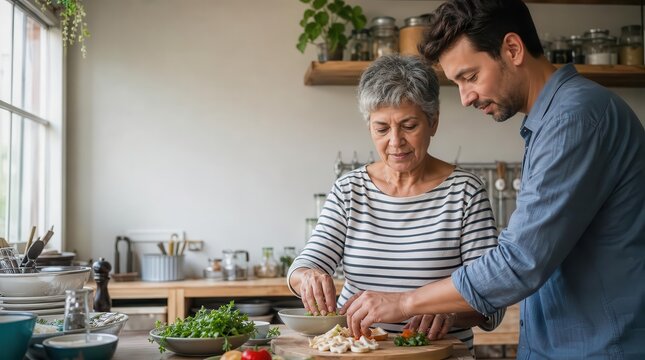 Son and mother cooking fresh vegetables together in a home kitchen