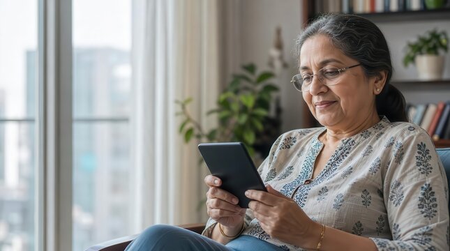 Mature south asian woman enjoying reading on digital tablet