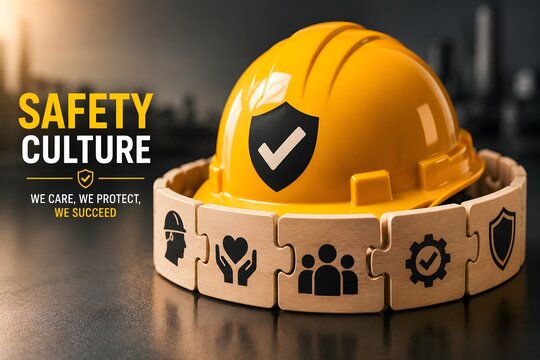 Yellow hard hat with safety icons forming a circle around it and text that says SAFETY CULTURE WE CARE, WE PROTECT, WE SUCCEED for concept of safety and protection.