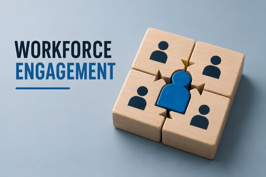 Workforce engagement graphic with a central figure connected to other people, representing teamwork and connection in a business context.