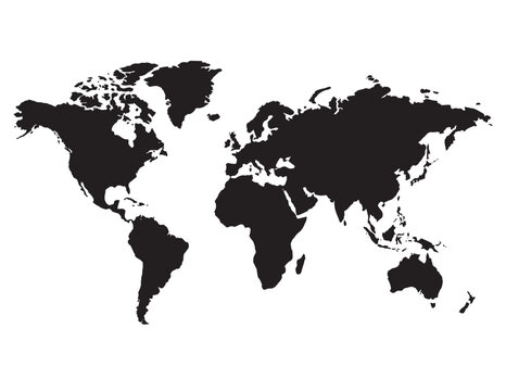 Minimalist black world map vector illustration, global continent silhouette, flat earth geography graphic, international travel and business concept.