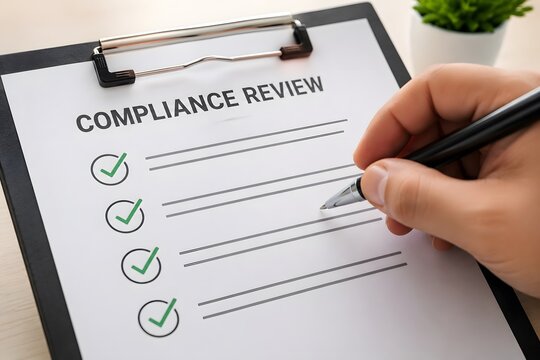 A hand holding a pen, completing a compliance review checklist, symbolizing regulation and verification.