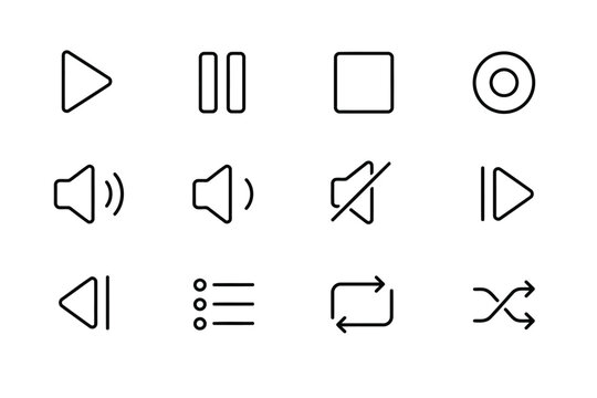 Set of twelve common media and navigation icons in black and white style