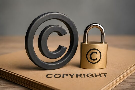 Copyright symbol and padlock on a book for concept of Intellectual property protection.
