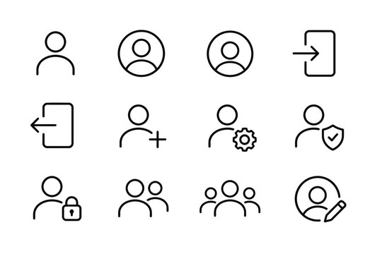 Set of twelve simple user account and profile icons with different actions