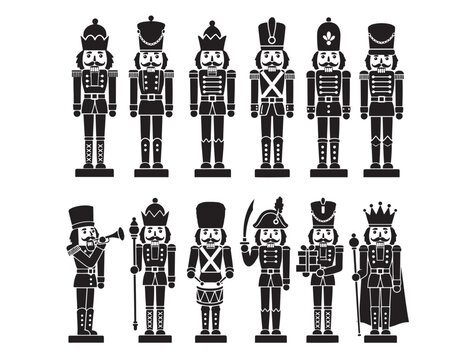 Elegant Nutcracker vector icon set, classic Christmas toy soldiers, festive holiday season characters, traditional winter celebration design elements, black and white silhouette collection