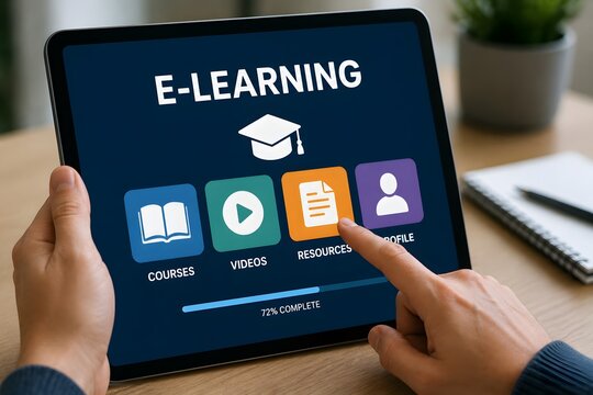 E-learning tablet interface showing educational icons and a progress bar, representing online education and digital learning.