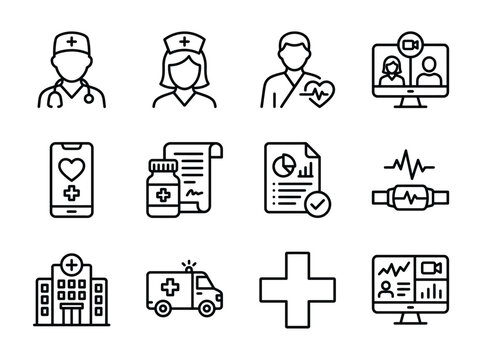 Set of twelve medical and healthcare icons including professionals, telemedicine, and equipment