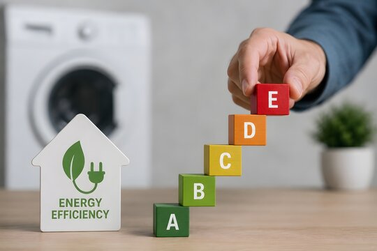 Energy efficiency concept with a house icon, plug symbol and colorful cubes arranged in a staircase with the letters A to E, symbolizing rating and energy saving.