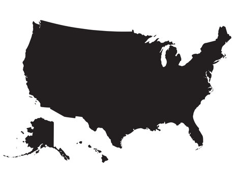United States map silhouette, black vector graphic, contiguous USA and Alaska outline, North American geography illustration, national border shape for design projects