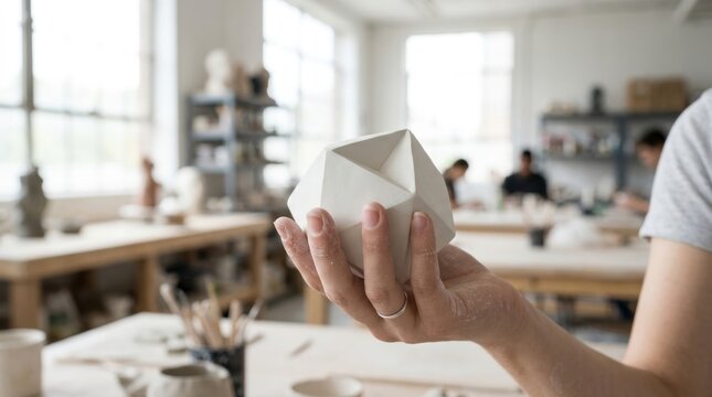 Hand holding a white 3d print in a workshop setting, surrounded by various tools and supplies
