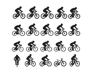 Fototapeta premium Dynamic cycling silhouette vector set, 20 black bicycle rider icons, active lifestyle and sports illustration, versatile graphic resource for fitness and outdoor activity designs