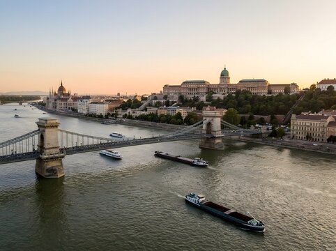 Budapest castle district and chain bridge aerial view at sunset hungary landmark architecture.