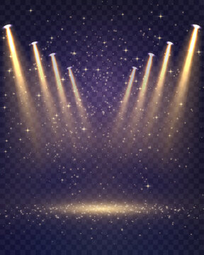 Vector spotlights png, studio lighting. Light beams and transparent light effect. Gold light source. Bright lighting with spotlights. Vector isolated on transparent background.