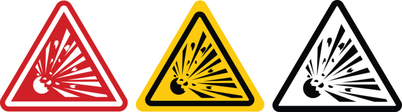 Explosive material hazard warning sign set in red, yellow, and black triangle frames, blast risk alert vector illustration isolated on white background for manufacturing and safety management