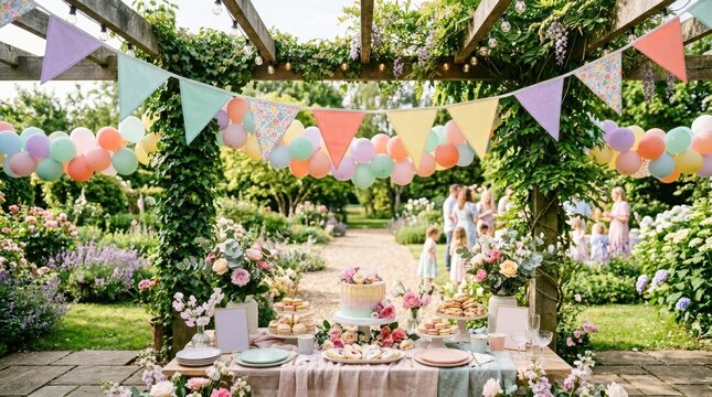 Beautiful garden party setup with cake, balloons, and floral decorations