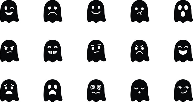 Collection of 15 ghost emojis with various facial expressions. Set of halloween silhouette ghost emoji. Black ghost icon.