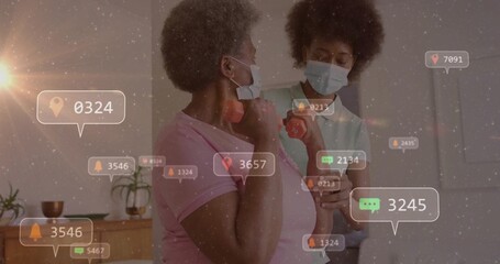 Caregiver guiding senior starting arm lift with pink dumbbell for therapy, animated alerts floating © vectorfusionart