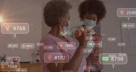 Caregiver guiding senior starting arm lift with pink dumbbell for therapy, animated alerts floating © vectorfusionart