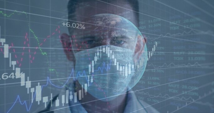 Masked doctor facing camera as health data feeding globe over mask and animating charts for finance