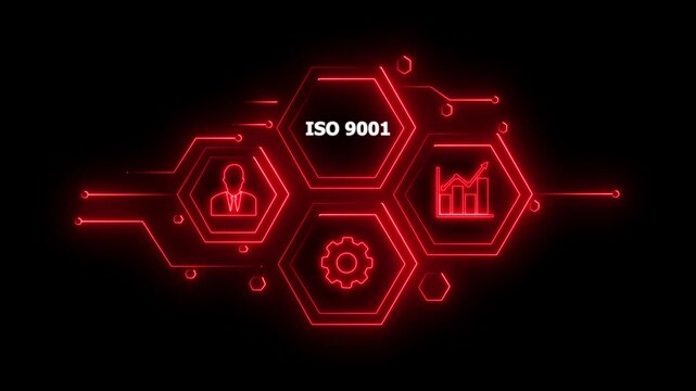 Abstract neon Hud knowledge ability business gear icon Glowing neon line concept. Glowing " ISO 9001 " button in German on a futuristic,abstract wave technology on black background. 4K animation video